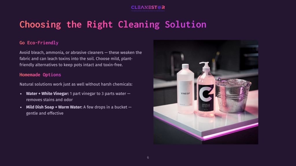 6 Choosing The Right Cleaning Solution Two Cleaning Solution Bottles, One Clear And One Pink, Beside A Stainless Steel Bowl Filled With Water, On A Dark Countertop With Purple Lighting.