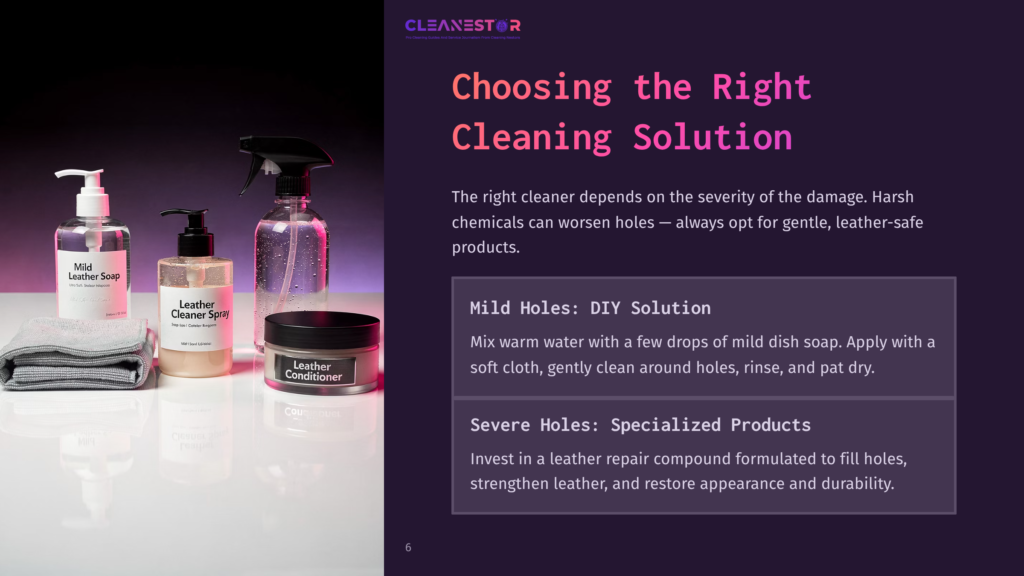 Leather Cleaning Supplies: Mild Leather Soap, Leather Cleaner Spray, Leather Conditioner, And A Gray Cloth, Arranged On A Reflective White Surface.
