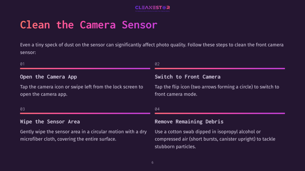 Instructions In Bold Text On A Dark Purple Background Guide Cleaning An Iphone Camera Sensor, With Numbered Steps And Graphic Arrows.