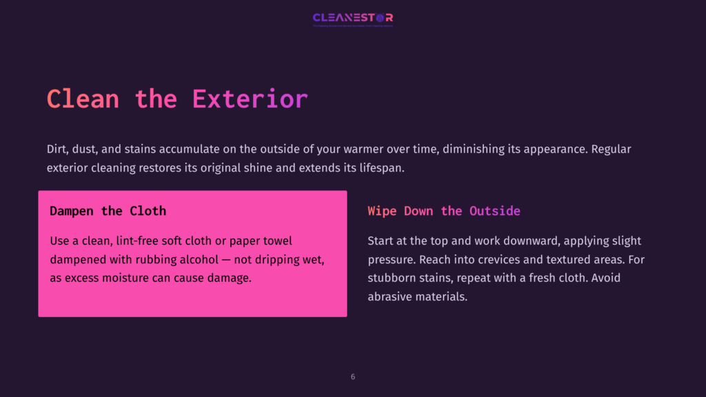 Clean The Exterior: Dampen The Cloth And Wipe Down The Outside Instructions For Cleaning Car Exteriors, Featuring The Cleanestor Logo.