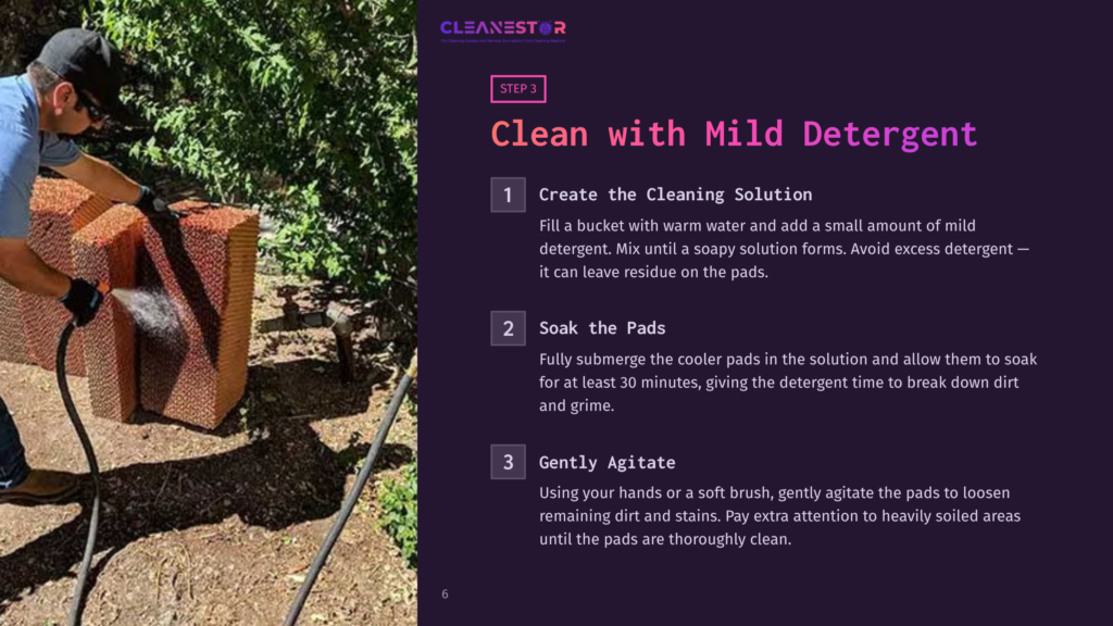 6 Clean With Mild Detergent A Person In Blue Gloves Sprays A Cooling Pad With A Hose, Following Step 3 Of A Cleaning Process With Mild Detergent. The Text &Quot;Cleanestor&Quot; And &Quot;Step 3: Clean With Mild Detergent&Quot; Is Visible.