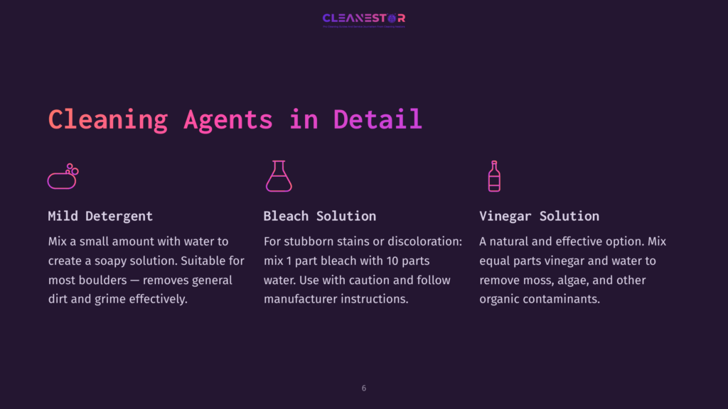 Three Cleaning Agents Displayed On A Dark Background: Mild Detergent, Bleach Solution, And Vinegar Solution, Each With Brief Usage Descriptions.