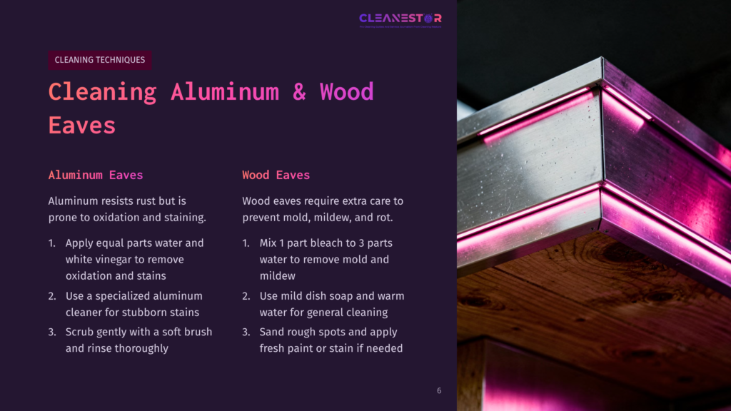 A Purple And Pink Graphic Displays Cleaning Techniques For Aluminum And Wood Eaves, Featuring Clear Instructions And Ingredients.