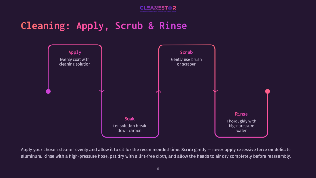 Flowchart Illustrating The Cleaning Process: Apply Cleaner, Soak, Scrub, And Rinse. Text Includes &Quot;Cleanestor&Quot;, &Quot;Cleaning: Apply, Scrub &Amp; Rinse&Quot;, And Detailed Instructions For Each Step.