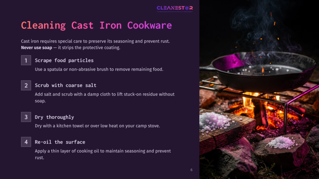 A Cast Iron Skillet On A Campfire With Smoke Rising, Surrounded By Glowing Coals And A Cleaning Process Illustrated On The Side.