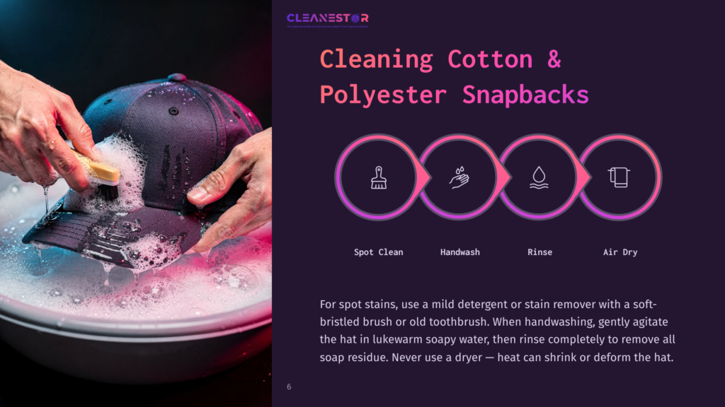 6 Cleaning Cotton And Polyester Snapbacks Hands Gently Scrub A Dark Baseball Cap With A Brush In A Bowl Of Soapy Water, Illustrating The Steps Of Cleaning Cotton And Polyester Snapbacks: Spot Clean, Handwash, Rinse, Air Dry.