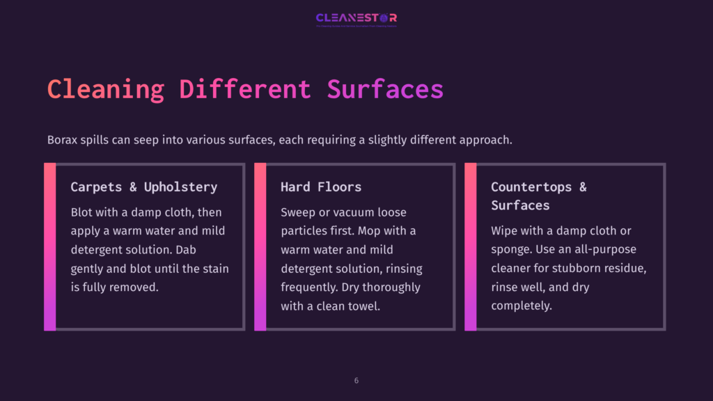 6 Cleaning Different Surfaces Infographic Titled &Quot;Cleaning Different Surfaces&Quot; With Sections On Carpets &Amp; Upholstery, Hard Floors, And Countertops &Amp; Surfaces, Offering Cleaning Tips.