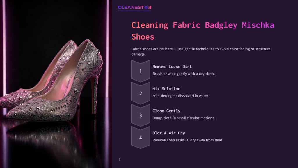 Sparkling Silver Badgley Mischka High Heels With Embellishments, Accompanied By Cleaning Instructions On A Dark Purple Gradient Background.