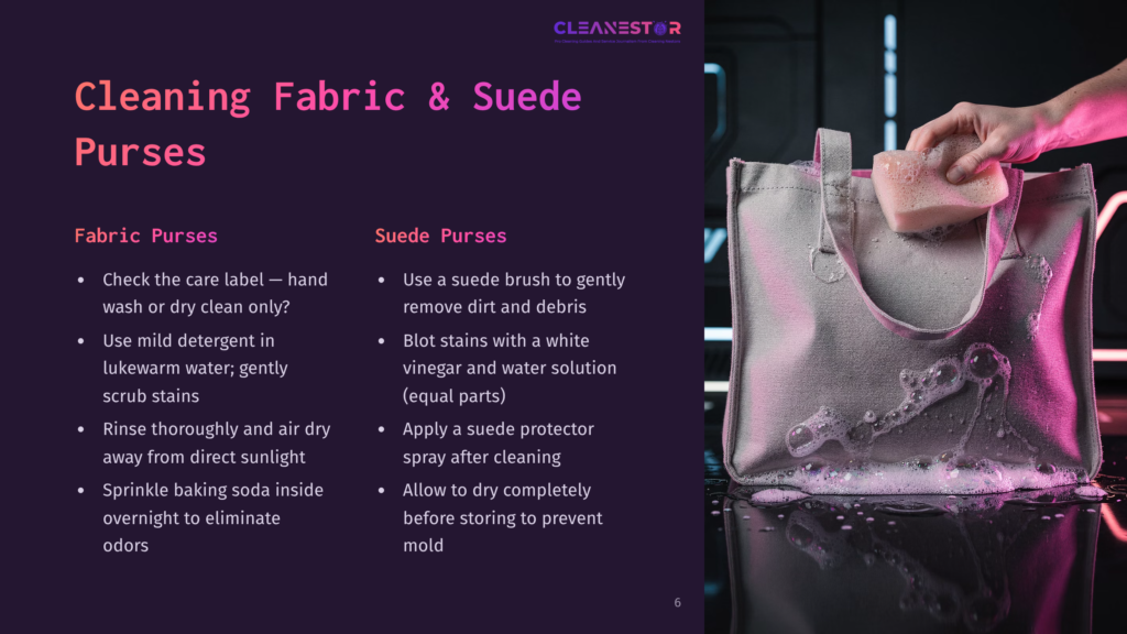 A Hand Gently Scrubs A Light-Colored Fabric Purse With A Pink Sponge, Creating Suds. The Purse Rests On A Reflective Surface, With Cleaning Instructions For Fabric And Suede Purses Visible On The Left.