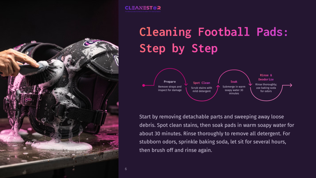 A Close-Up Of A Black Football Helmet With A Purple Background, Paired With Steps For Cleaning Football Pads And Helmets.