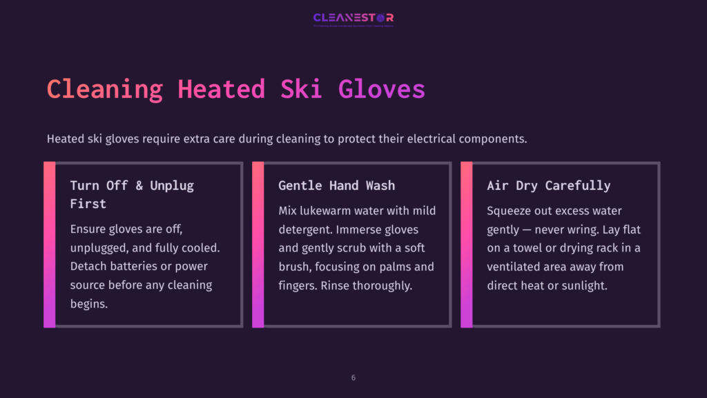 6 Cleaning Heated Ski Gloves Three Instructional Sections On Cleaning Heated Ski Gloves: Tips On Unplugging, Gentle Hand Wash With Lukewarm Water, And Air Drying Carefully.