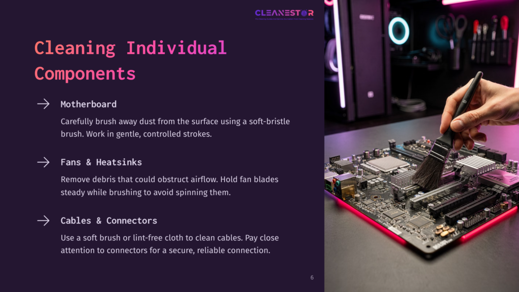 A Hand Cleaning A Computer Motherboard With A Soft Brush On A Workbench, Featuring A Glowing Pc Case In The Background.