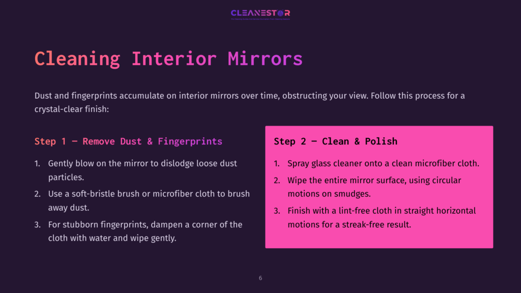 6 Cleaning Interior Mirrors Instructions On Cleaning Car Mirrors, Featuring Bullet Points And Steps In Purple And White Text Against A Dark Background, With Graphics Of Cleaning Tools.