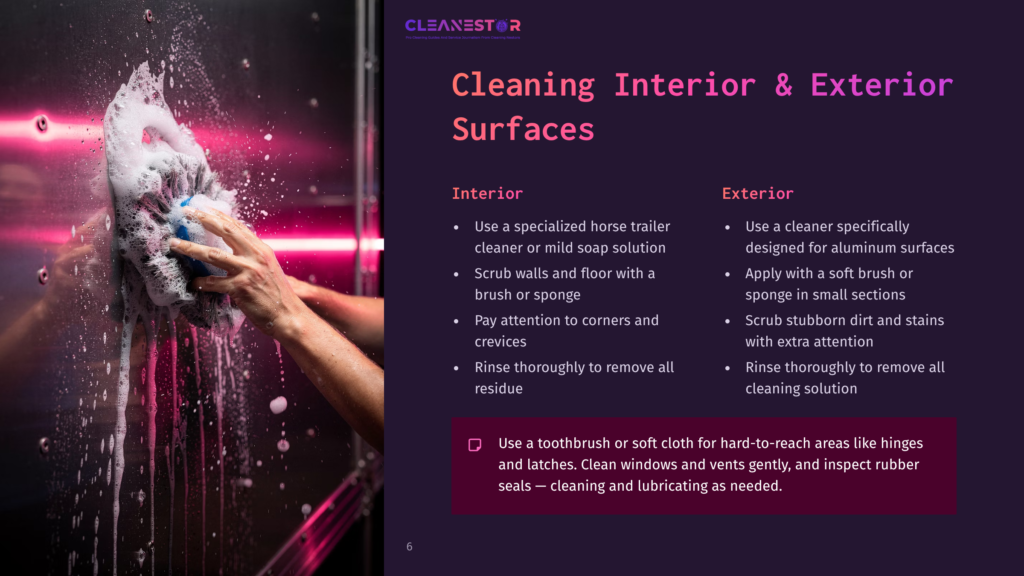A Person Scrubbing A Shiny Aluminum Surface With A Sponge, Surrounded By Cleaning Tips For Horse Trailers In A Purple And White Layout.