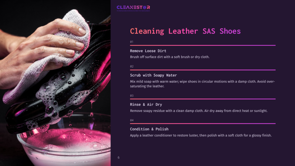 A Person Gently Scrubs A Black Leather Shoe With Soapy Water, Surrounded By Bubbles, With Cleaning Steps Listed Alongside.