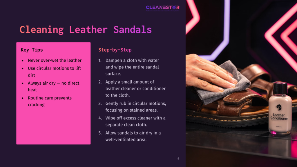 A Person Cleaning A Brown Leather Sandal With A Cloth, Near A Bottle Of Leather Conditioner, Against A Dark Background.