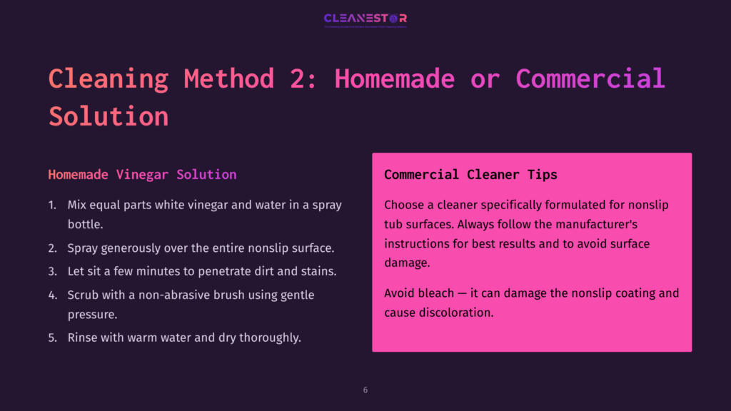 Slide 6: Cleaning Method 2: Homemade Or Commercial Solution. Left Side Lists Steps For Homemade Vinegar Solution. Right Side Offers Tips For Commercial Cleaners.