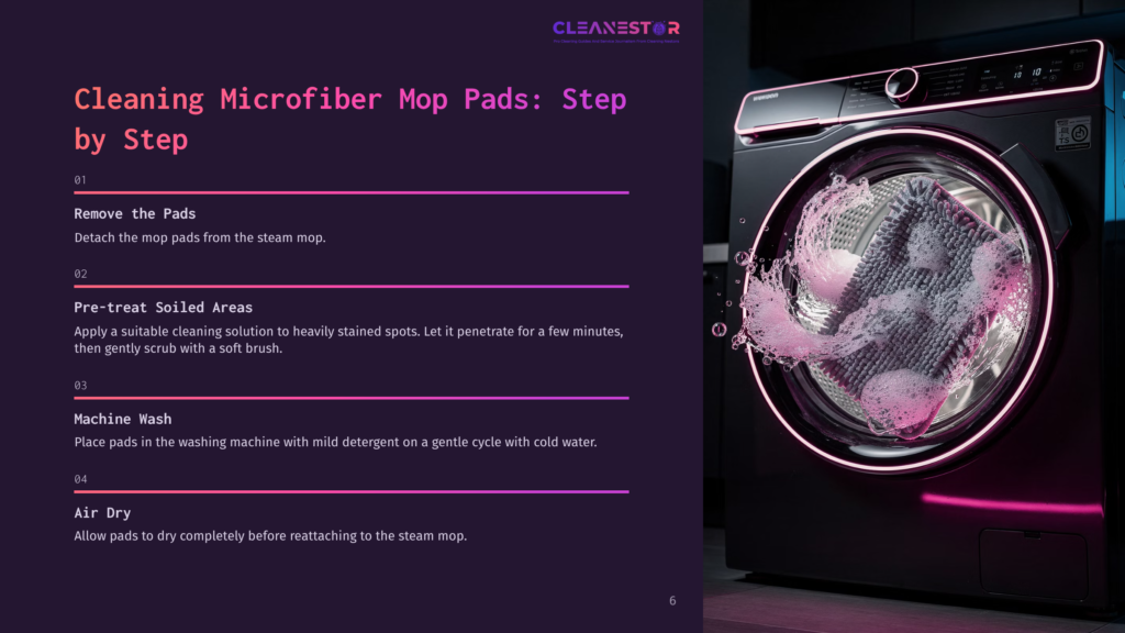 A Modern Washing Machine With A Circular Window, Displaying A Microfiber Mop Pad Inside, Highlighted By Purple Lighting. Steps For Cleaning Pads Are Listed On The Left.