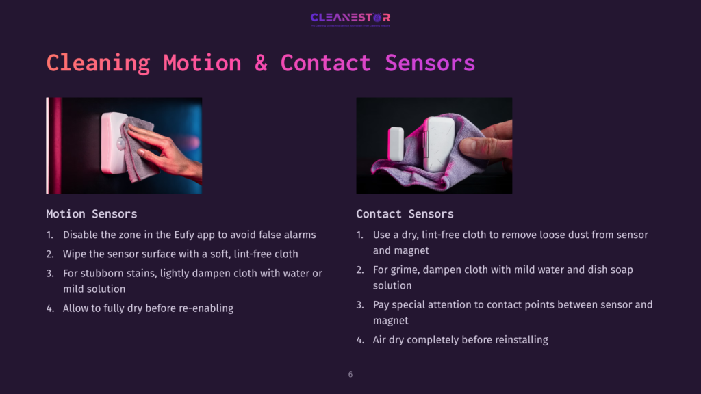 Close-Up Of A Hand Cleaning A White Motion Sensor With A Grey Cloth. The Text &Quot;Motion Sensors&Quot; Is Visible Below.