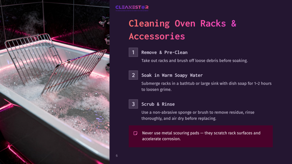 Cleaning Oven Racks And Accessories In A Bathtub Filled With Soapy Water. The Image Shows A Step-By-Step Guide To Cleaning Oven Racks, With Text Overlay Detailing The Process.