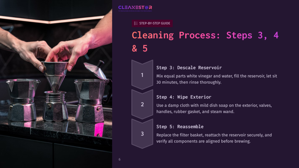 Close-Up Of Hands Assembling A Moka Pot Coffee Maker, With A Step-By-Step Cleaning Guide Titled &Quot;Cleaning Process: Steps 3, 4 &Amp; 5&Quot; Visible On The Right.