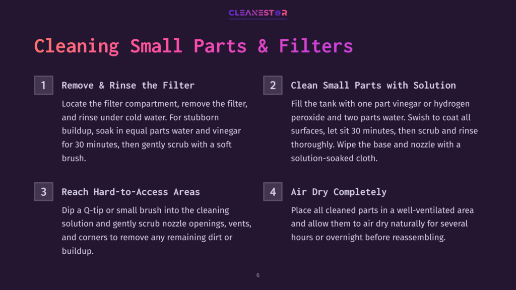 Instructions For Cleaning Humidifier Parts, Featuring Numbered Steps, Icons, And Purple And White Text On A Dark Background.