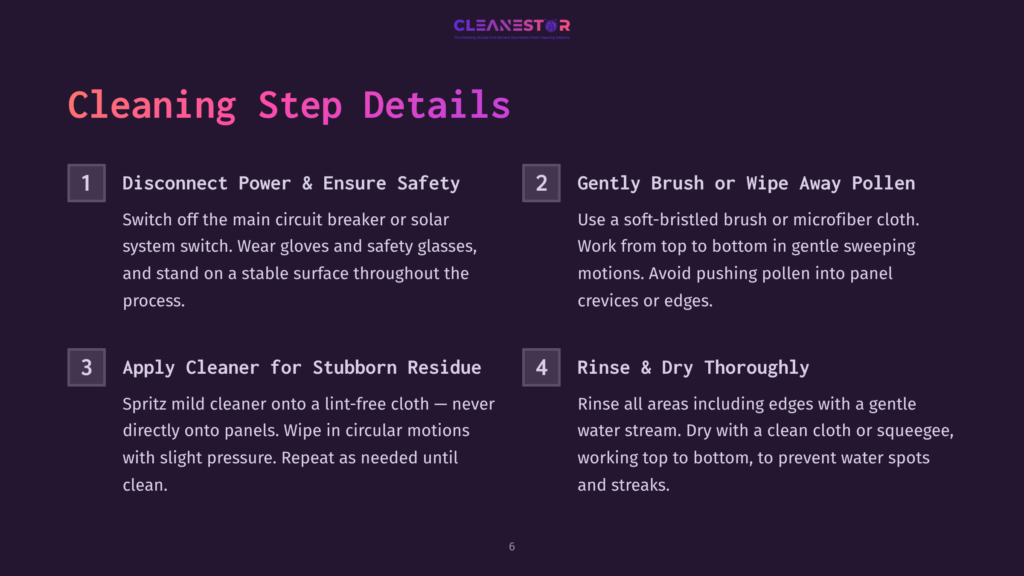 Instructions For Cleaning Solar Panels, Featuring A Purple Background With White Text Outlining Safety Measures And Cleaning Steps, Numbered 1-4.