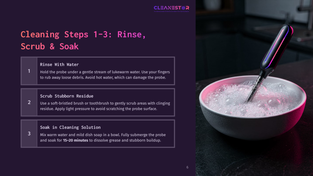 A Cleaning Guide Shows Three Steps: Rinse With Water, Scrub Stubborn Residue, And Soak In Cleaning Solution, Next To A Bowl Of Soapy Water With A Cleaning Tool Submerged.