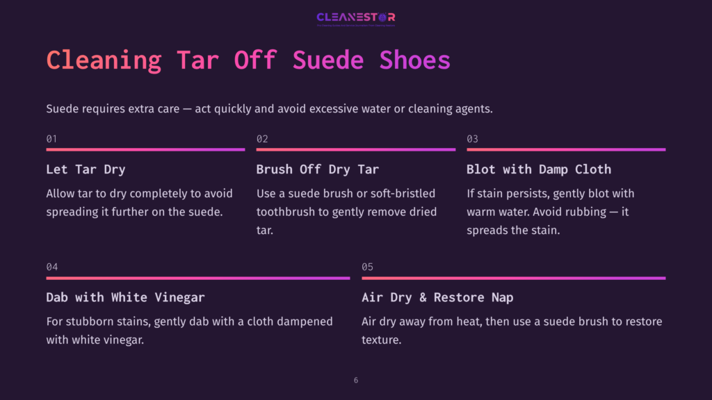 6 Cleaning Tar Off Suede Shoes Infographic Titled &Quot;Cleaning Tar Off Suede Shoes&Quot; With Steps 1-5 Detailing How To Remove Tar Stains From Suede Using Dry Brushing, Damp Cloth, And White Vinegar.