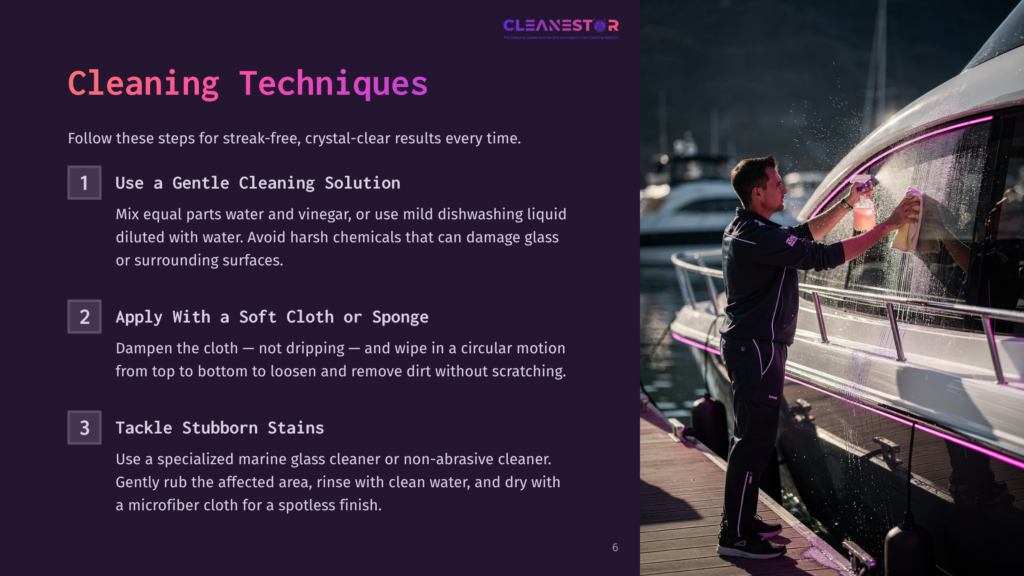 6 Cleaning Techniques 1 A Man In A Dark Uniform Sprays A Window On A Luxury Yacht, Cleaning It With A Yellow Cloth. The Yacht Has Purple Neon Lights Along Its Hull, And The Scene Is Set At A Marina.
