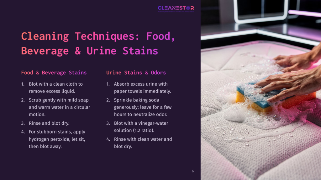 Close-Up Of Hands Cleaning A Mattress With A Yellow Sponge And White Foam, Showing Cleaning Techniques For Food, Beverage, And Urine Stains.