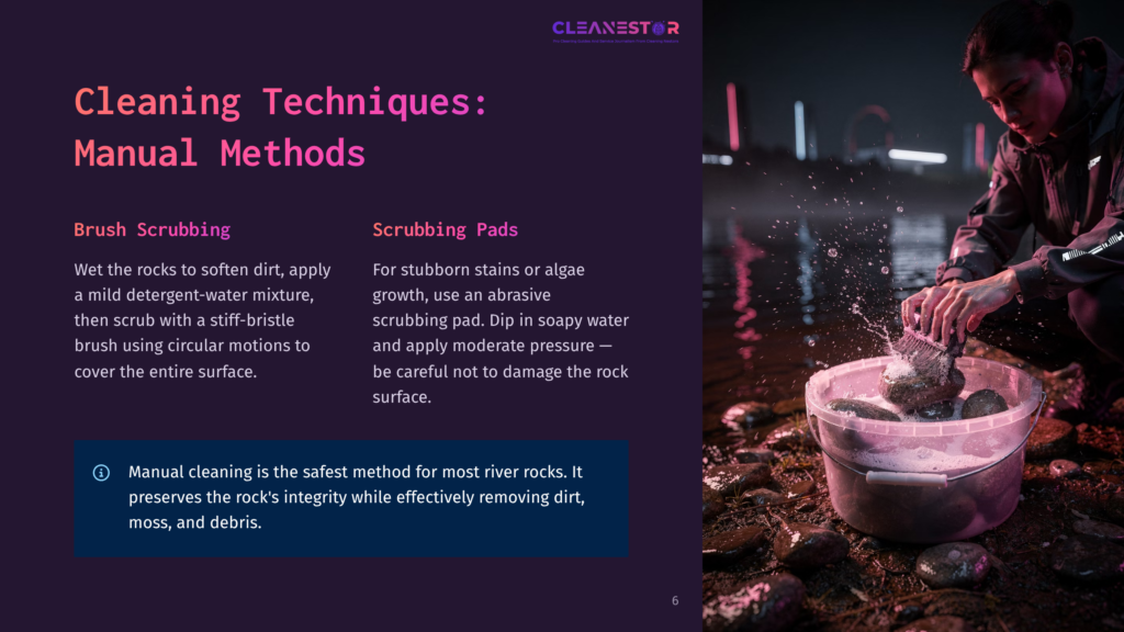 A Person Kneels By A Rocky Shore At Dusk, Carefully Scrubbing A Dark Grey Rock With A Brush In A Bucket Of Soapy Water. The Image Highlights Manual Cleaning Techniques For Rocks.