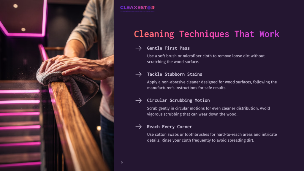 A Person Cleaning A Wooden Banister With A Cloth, Featuring A Gradient Background Of Purple And Dark Blue. Steps For Cleaning Are Outlined.