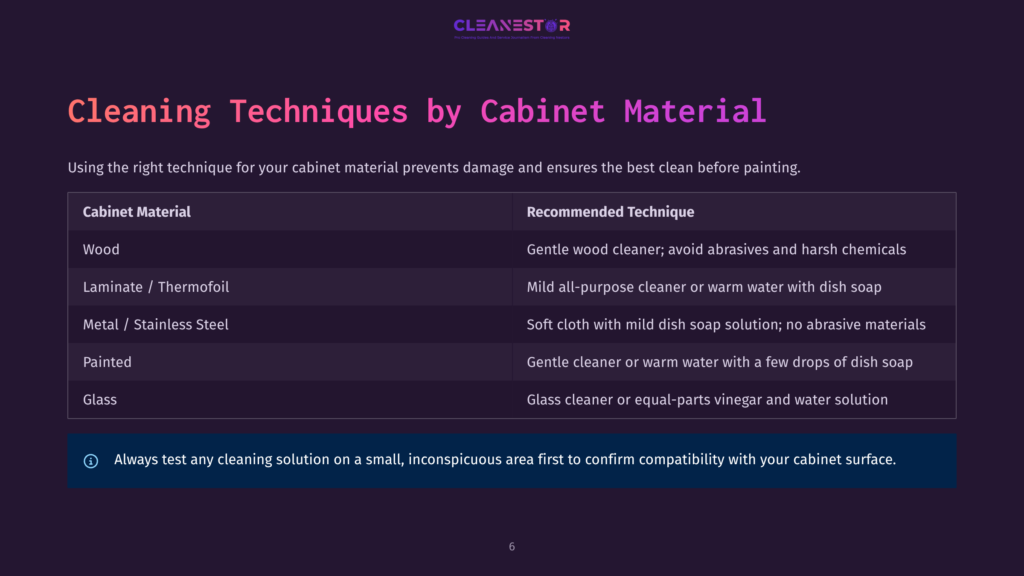 6 Cleaning Techniques By Cabinet Material A Dark Background With A Purple Gradient Features The Title &Quot;Cleaning Techniques By Cabinet Material.&Quot; Below, A Table Lists Cabinet Materials Like Wood, Laminate, Metal, Painted, And Glass, With Recommended Cleaning Techniques.