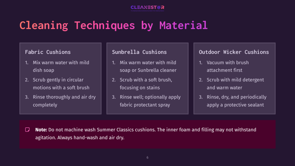 Infographic Detailing Cleaning Techniques For Different Cushion Materials: Fabric Cushions, Sunbrella Cushions, And Outdoor Wicker Cushions. Includes A Note About Not Machine Washing Summer Classics Cushions.