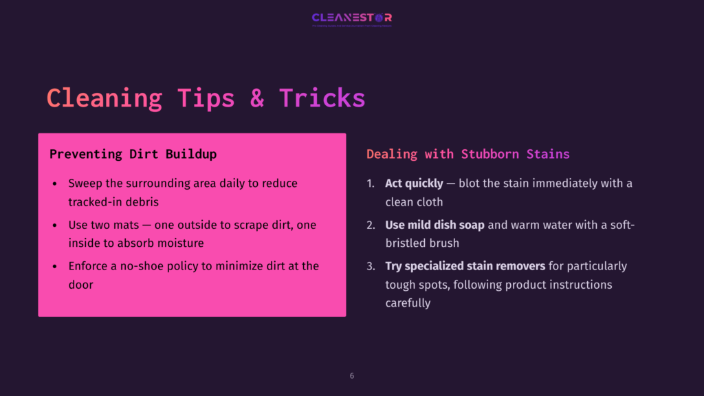 Bright Pink And Dark Purple Background With Text Outlining Cleaning Tips. Bullet Points Focus On Preventing Dirt Buildup And Tackling Stubborn Stains.