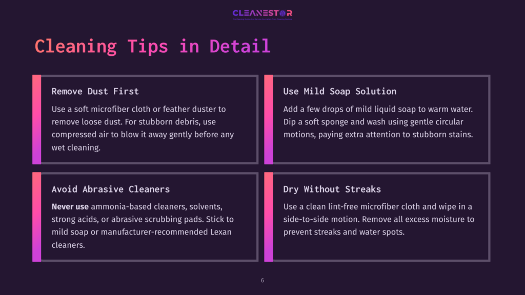 Four Quadrants On A Dark Background Featuring Cleaning Tips For Lexan Windows, With Bold White And Pink Text Highlighting Key Actions.