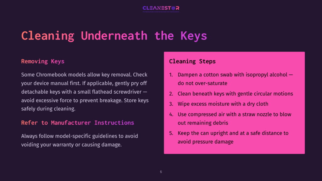 Instructions On Cleaning A Chromebook Keyboard, Featuring Steps Outlined In White Text Against A Purple Background, With &Quot;Removing Keys&Quot; And &Quot;Cleaning Steps&Quot; Sections.