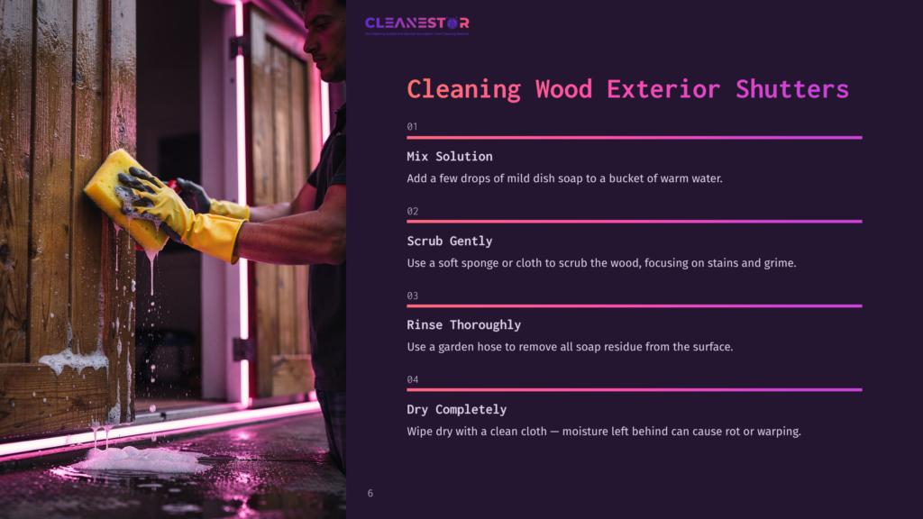 6 Cleaning Wood Exterior Shutters Man Wearing Yellow Gloves Cleans Wooden Exterior Shutters With A Sponge And Soapy Water, Showing The Cleaning Process Step-By-Step With Text Overlay.