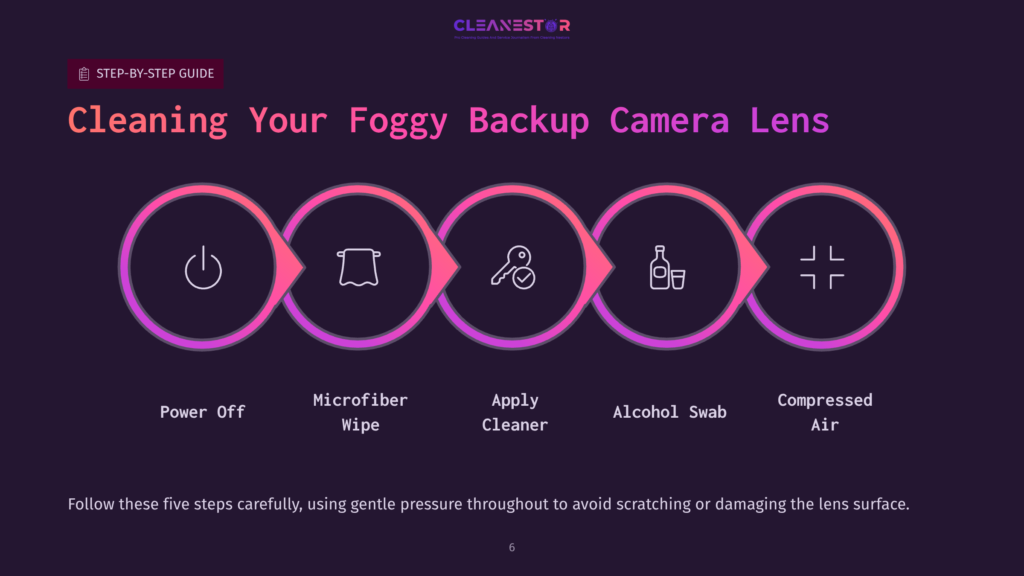 6 Cleaning Your Foggy Backup Camera Lens Graphic Displaying Five Steps To Clean A Foggy Backup Camera Lens, Featuring Icons For Power Off, Microfiber Wipe, Cleaner, Alcohol Swab, And Compressed Air, With A Vibrant Purple And Pink Layout.