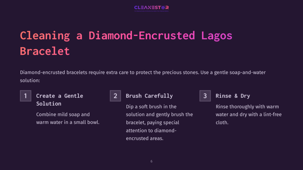 6 Cleaning A Diamond Encrusted Lagos Bracelet Instructions For Cleaning A Diamond-Encrusted Bracelet, Featuring A Pink Background, Bold Text, And Numbered Steps For Clarity.