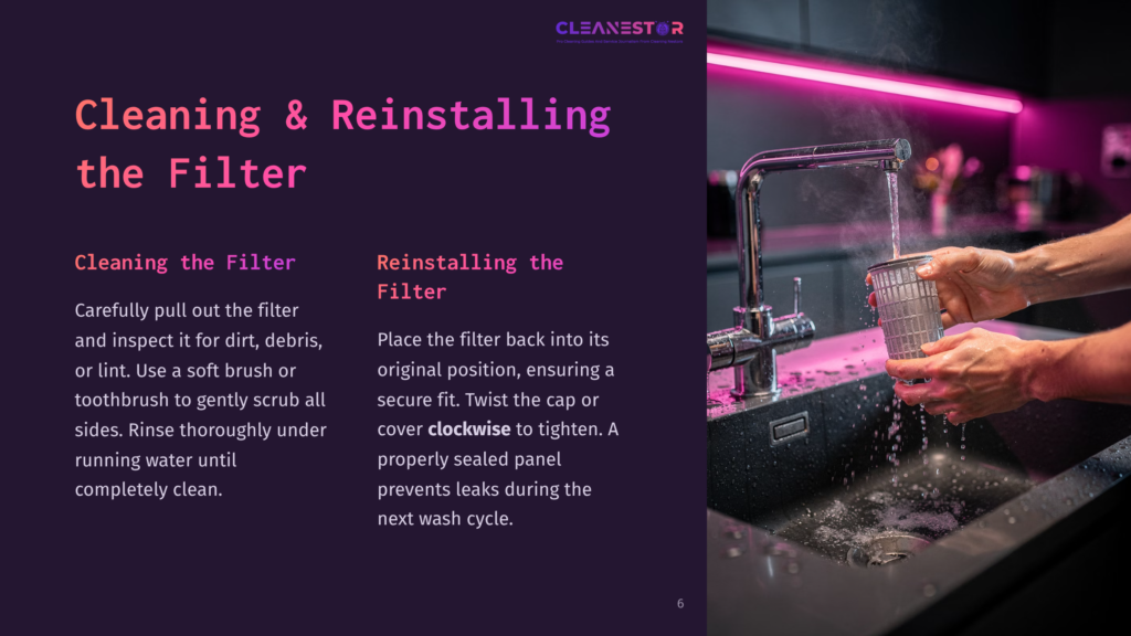 A Sink With Flowing Water, A Filter With Debris, And Instructions On Cleaning And Reinstalling The Filter In Contrasting Text Blocks.