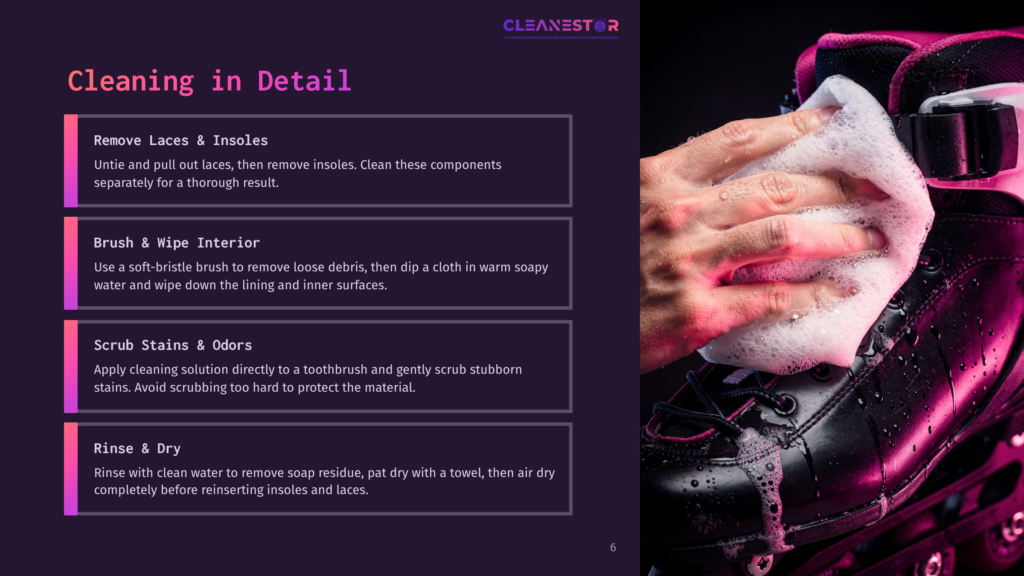 A Person Scrubs The Interior Of A Black Roller Skate With A Soapy Cloth, Surrounded By Cleaning Steps In White Text On A Purple Background.