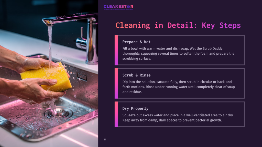 Hands Washing A Yellow Scrub Daddy Sponge Under A Faucet With Purple Lighting. Text Overlay: &Quot;Cleanestor&Quot;, &Quot;Cleaning In Detail: Key Steps&Quot;, &Quot;Prepare &Amp; Wet&Quot;, &Quot;Scrub &Amp; Rinse&Quot;, &Quot;Dry Properly&Quot;.