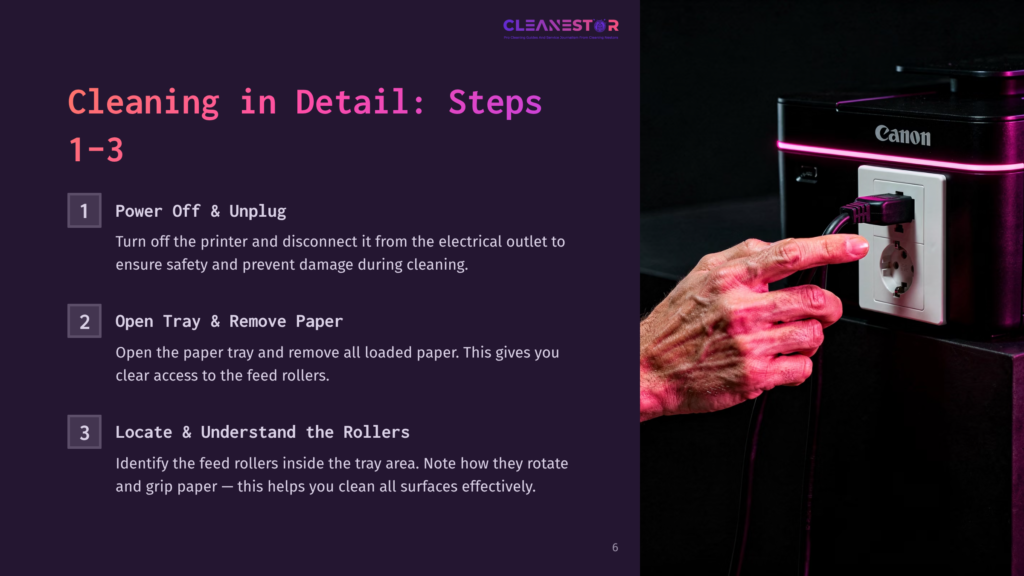 A Person'S Hands Unplug A Canon Printer From A Wall Socket, With A Pink Glow Emanating From The Printer. Text On The Left Details Steps For Printer Cleaning: &Quot;Cleaning In Detail: Steps 1-3&Quot;, &Quot;Power Off &Amp; Unplug&Quot;, &Quot;Open Tray &Amp; Remove Paper&Quot;, And &Quot;Locate &Amp; Understand The Rollers&Quot;.