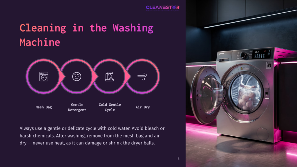 A Modern Laundry Room Showcasing A Washing Machine With Pink-Lit Dryer Balls Inside. Text Instructions On Cleaning Methods Are Overlaid.