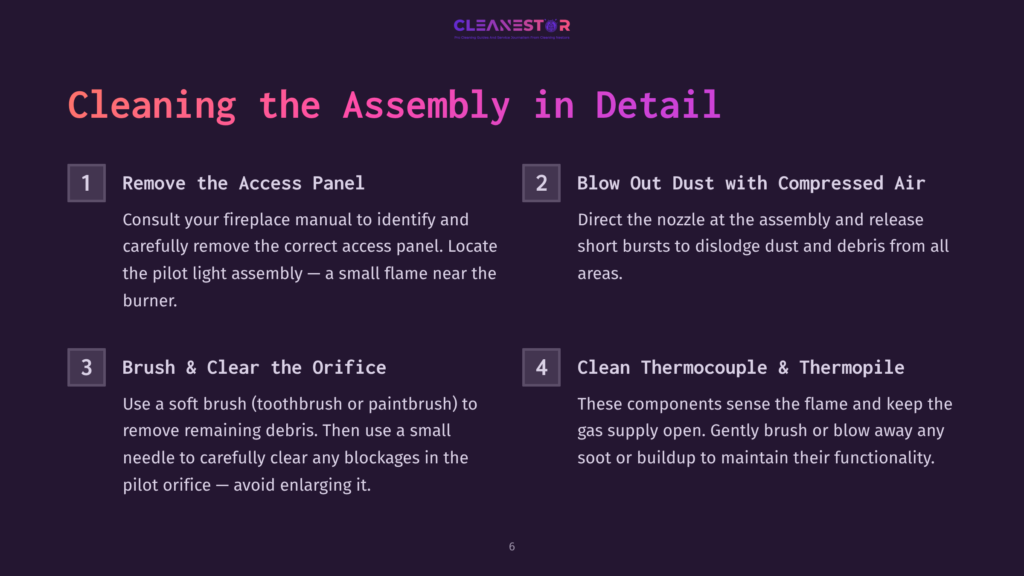 6 Cleaning The Assembly In Detail A Graphic With The Title &Quot;Cleaning The Assembly In Detail&Quot; From Cleanestor. It Shows Four Steps For Cleaning A Fireplace Assembly: 1. Remove The Access Panel, 2. Blow Out Dust With Compressed Air, 3. Brush &Amp; Clear The Orifice, And 4. Clean Thermocouple &Amp; Thermopile.