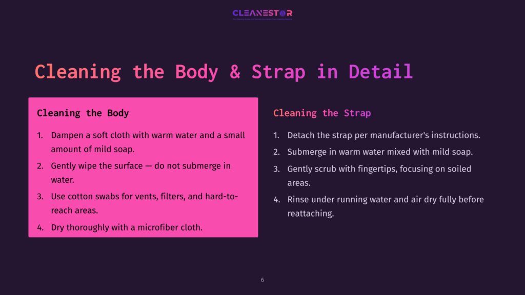 Instructions For Cleaning An Air Purifier Necklace, Featuring A Pink Box With Cleaning Steps On A Dark Purple Background, Text Highlights Key Tasks.