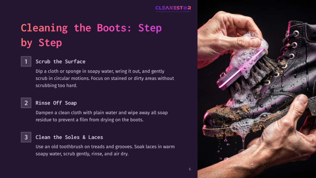 6 Cleaning The Boots Step By Step Close-Up Of Hands Scrubbing A Black Leather Boot With A Brush And Soap Suds. Text On The Left Details Steps For Cleaning Boots: &Quot;Scrub The Surface&Quot;, &Quot;Rinse Off Soap&Quot;, &Quot;Clean The Soles &Amp; Laces&Quot;.