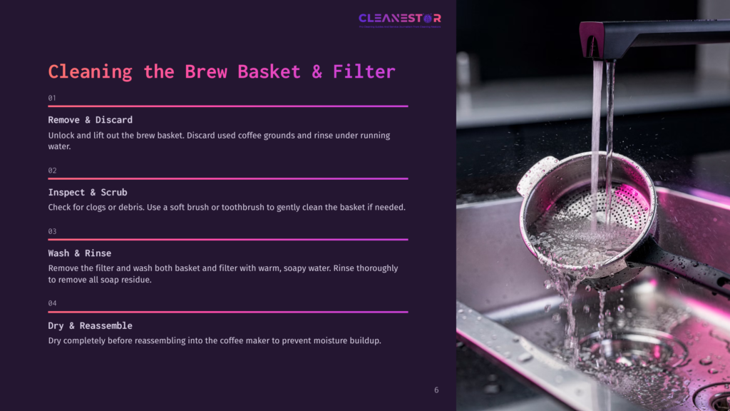 Close-Up Of A Coffee Machine Brew Basket Being Cleaned Under Running Water In A Sink, With Instructions For Cleaning The Brew Basket And Filter Visible On The Left.